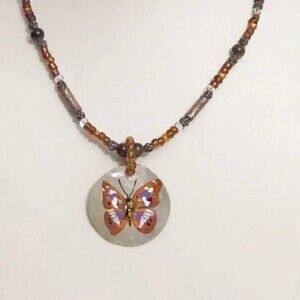 Ethnic Glam Handmade Abalone Shell Butterfly Pendant Beaded Necklace NWT